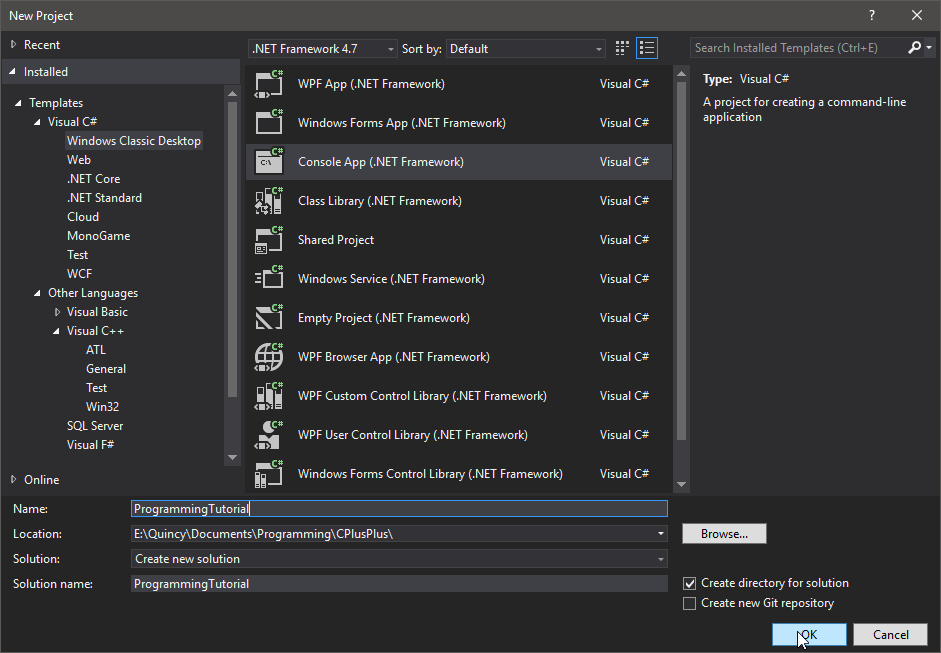 New Project page for visual studio